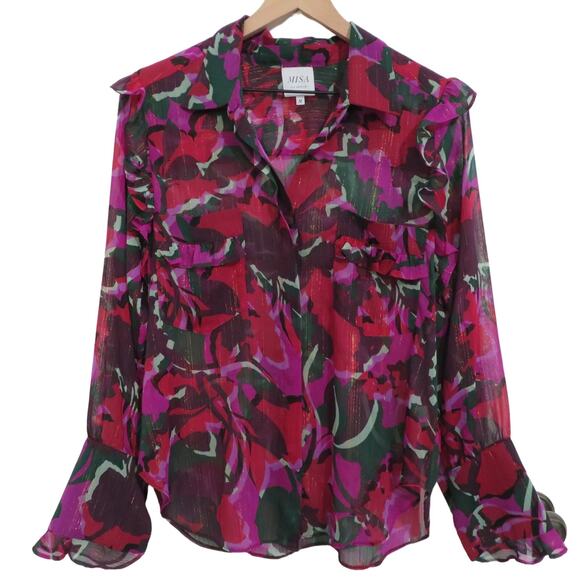 Misa Los Angeles Women Sz M Multicolor Button Front Long Sleeve Top Gold Shimmer - Picture 1 of 7